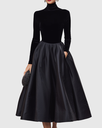 Aradia - Elegant Black Velvet and Satin Midi Dress